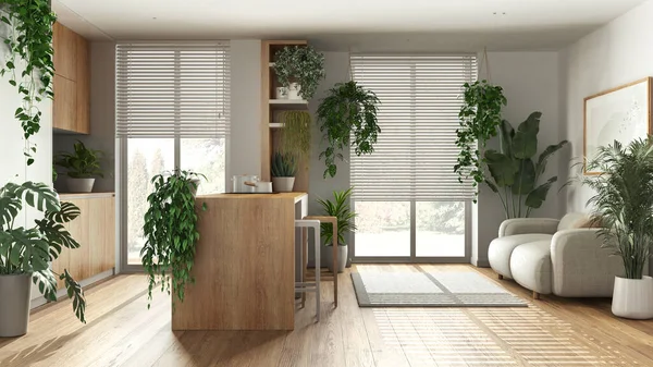 Love for plants concept. Kitchen with island and living room interior design in white and wooden tones. Parquet, sofa and many house plants. Urban jungle idea