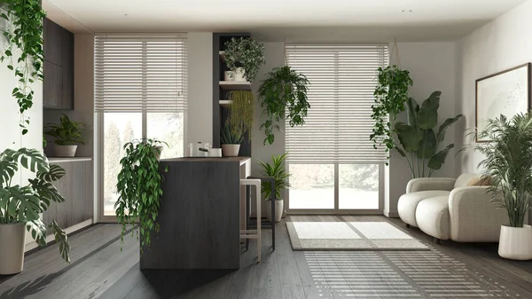 Love for plants concept. Kitchen with island and living room interior design in white and dark wooden tones. Parquet, sofa and many house plants. Urban jungle idea