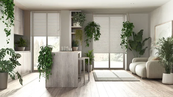 Love for plants concept. Kitchen with island and living room interior design in white and bleached wooden tones. Parquet, sofa and many house plants. Urban jungle idea