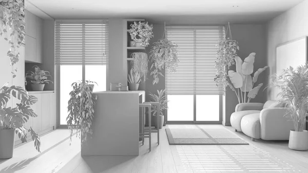 全白工程草案 热爱植物的概念 厨房与岛屿和客厅室内设计 沙发和许多室内植物 城市丛林观念 — 图库照片
