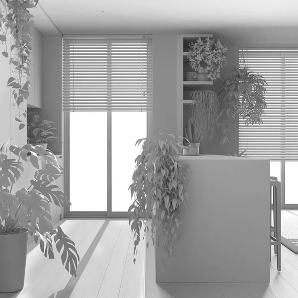 Totaler Weißer Projektskizze Indoor Home Garden Konzept Küche Mit Insel — Stockfoto