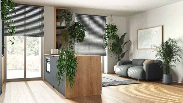 Modern wooden kitchen and living room in gray tones with island, sofa, window and appliances. Biophilic concept, many houseplants. Urban jungle interior design