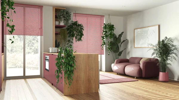 Modern wooden kitchen and living room in red tones with island, sofa, window and appliances. Biophilic concept, many houseplants. Urban jungle interior design