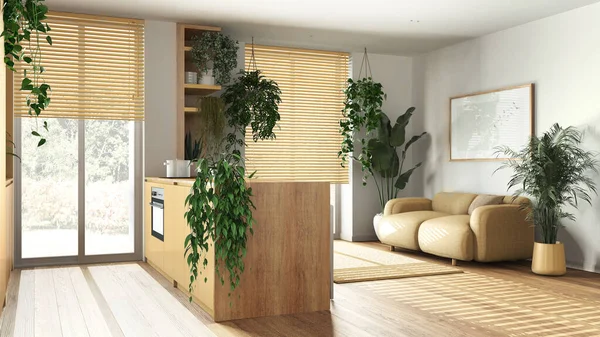 现代木制厨房和客厅 色调黄色 有岛屿 窗户和家用电器 生物嗜好的概念 许多家庭植物 城市丛林室内设计 — 图库照片