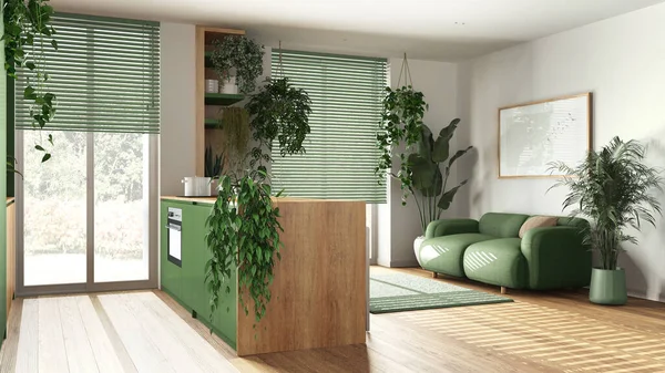 Modern wooden kitchen and living room in green tones with island, sofa, window and appliances. Biophilic concept, many houseplants. Urban jungle interior design