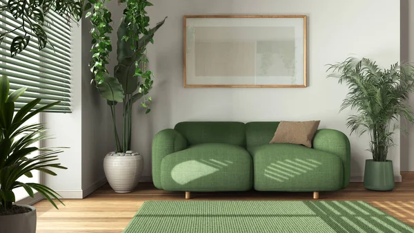 Sala Estar Madeira Mínima Tons Brancos Verdes Com Sofá Tecido — Fotografia de Stock