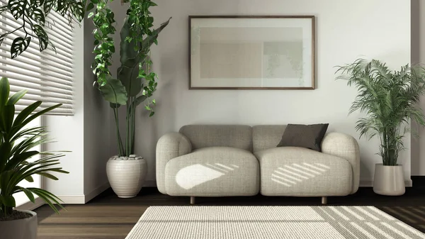 Minimal Dunkles Wohnzimmer Aus Holz Weiß Und Beigetönen Mit Stoffsofa — Stockfoto