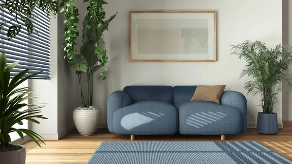 Minimal wooden living room in white and blue tones with fabric sofa, carpet, and frame mockup. Biophilic concept, houseplants. Modern interior design