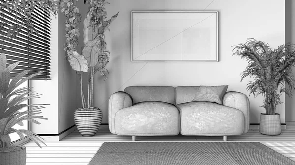 Blueprint Unfinished Project Draft Minimal Wooden Living Room Fabric Sofa — Stock Photo, Image