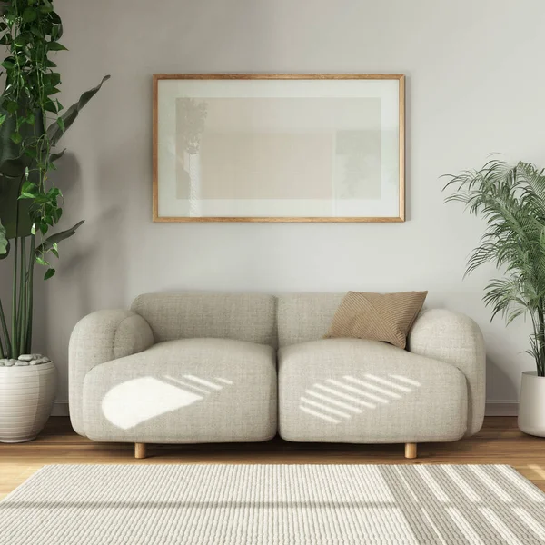 Urban jungle interior design, wooden living room in white and beige tones with fabric sofa and houseplants. Carpet and frame mockup. Biophilic concept idea