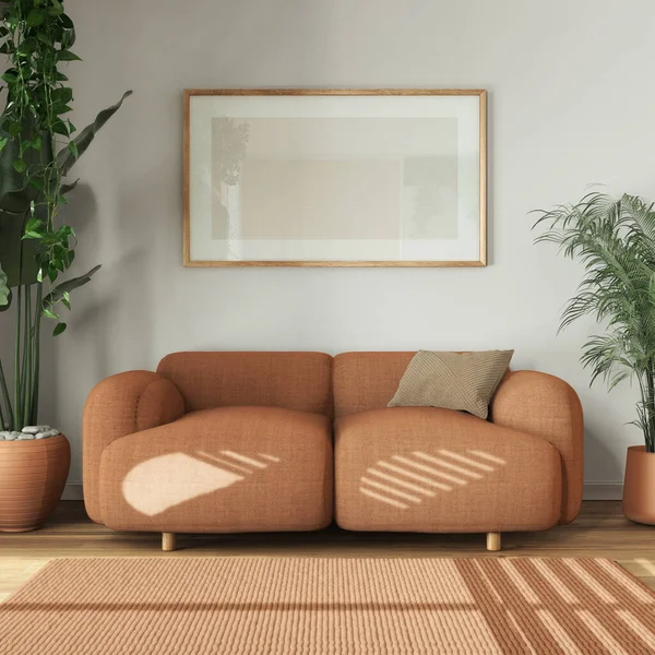 Urban jungle interior design, wooden living room in white and orange tones with fabric sofa and houseplants. Carpet and frame mockup. Biophilic concept idea