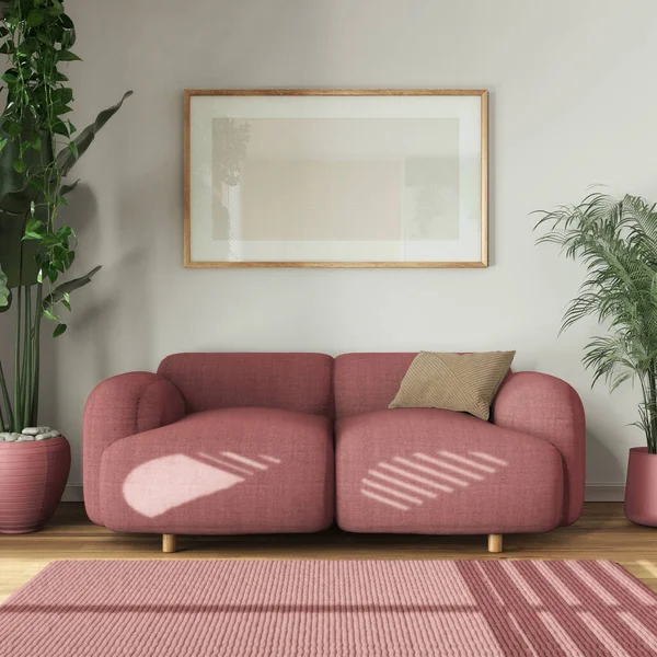 Urban jungle interior design, wooden living room in white and red tones with fabric sofa and houseplants. Carpet and frame mockup. Biophilic concept idea