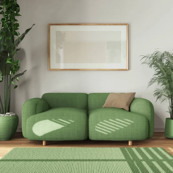 Urban jungle interior design, wooden living room in white and green tones with fabric sofa and houseplants. Carpet and frame mockup. Biophilic concept idea