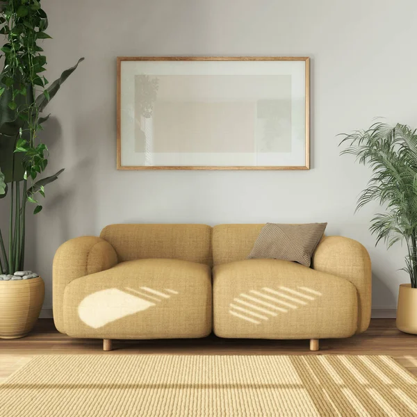 Urban jungle interior design, wooden living room in white and yellow tones with fabric sofa and houseplants. Carpet and frame mockup. Biophilic concept idea