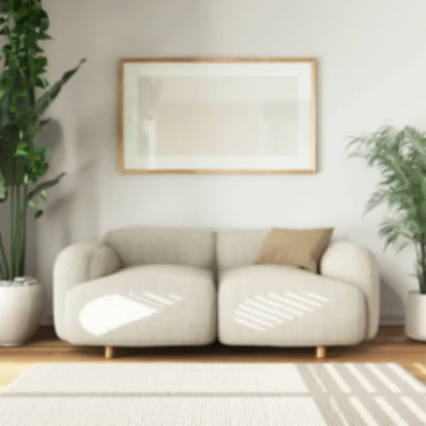 Blurred background, urban jungle interior design, wooden living room with fabric sofa and houseplants. Carpet and frame mockup. Biophilic concept idea