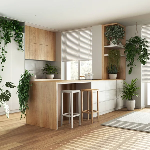 Urban jungle interior design, wooden kitchen in white tones with many houseplants. Parquet, island with chairs and appliances. Biophilic concept idea