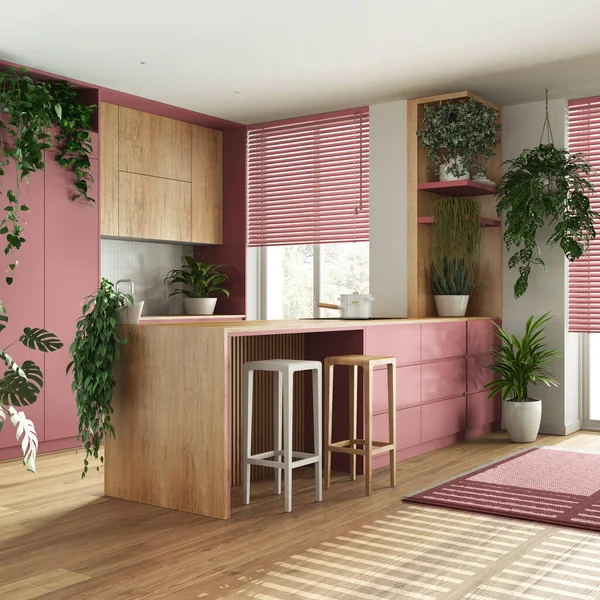 Urban jungle interior design, wooden kitchen in red tones with many houseplants. Parquet, island with chairs and appliances. Biophilic concept idea