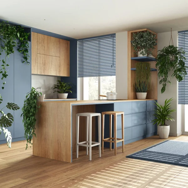 Urban jungle interior design, wooden kitchen in blue tones with many houseplants. Parquet, island with chairs and appliances. Biophilic concept idea