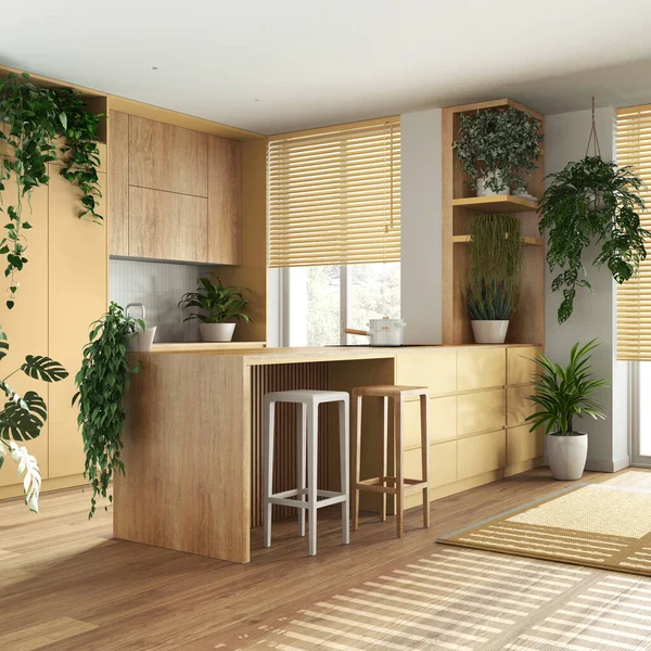 Urban jungle interior design, wooden kitchen in yellow tones with many houseplants. Parquet, island with chairs and appliances. Biophilic concept idea