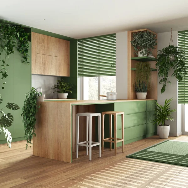 Diseño Interior Selva Urbana Cocina Madera Tonos Verdes Con Muchas — Foto de Stock