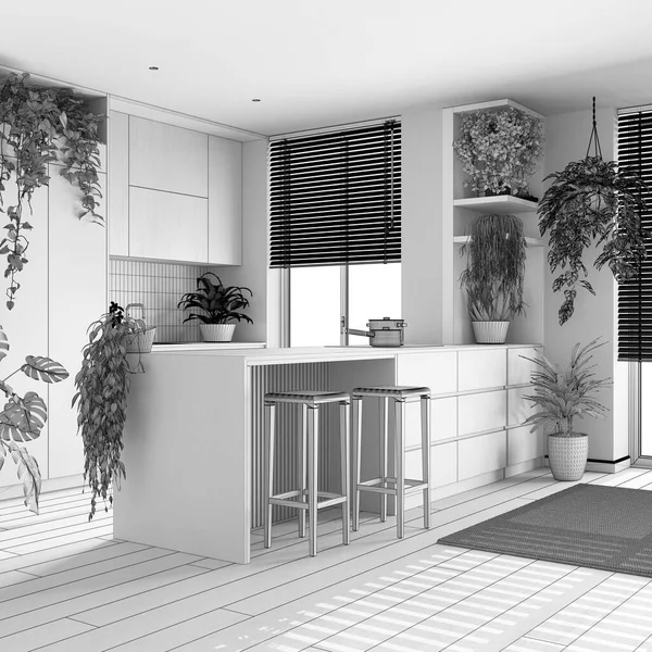 蓝图未完成的项目草稿 城市丛林室内设计 木制厨房和许多室内植物 岛上有椅子和器具 生物嗜好概念概念 — 图库照片