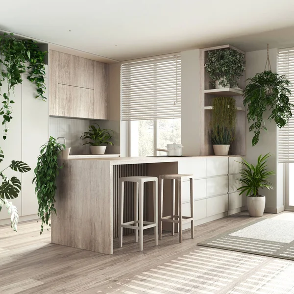 Urban jungle interior design, bleached wooden kitchen in white tones with many houseplants. Parquet, island with chairs and appliances. Biophilic concept idea