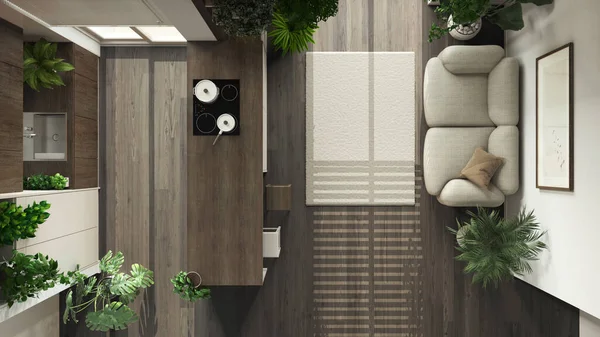 Indoor Home Garden Konzeptidee Minimal Dunkle Holzküche Und Wohnzimmer Inneneinrichtung — Stockfoto