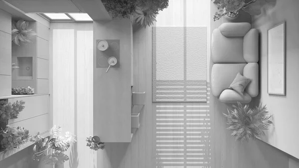 Общий Белый Эскиз Проекта Идея Концепции Внутреннего Сада Кухня Гостиная — стоковое фото