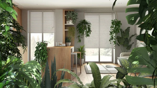 Jungle Frame Biofiel Idee Tropische Bladeren Boven Minimalistische Witte Keuken — Stockfoto