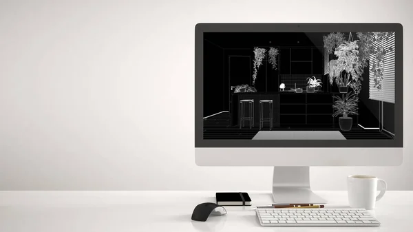Architektenhaus Projektkonzept Desktop Computer Auf Weißem Hintergrund Schreibtisch Mit Cad — Stockfoto