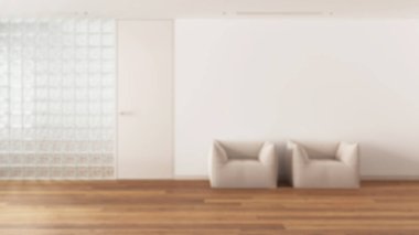 Arka planda bulanıklık, en az bekleme odası ve parke zemin. Cam tuğla duvarlar, yumuşak koltuklar ve kapı. Modern iç tasarım fikri