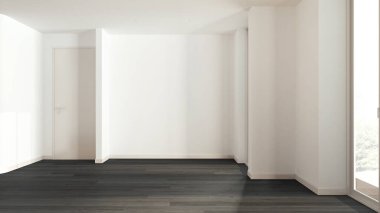 Karanlık ahşap iç mimari tasarım, parke zemin ve beyaz duvarlı açık alan, modern mimari konsept fikri.