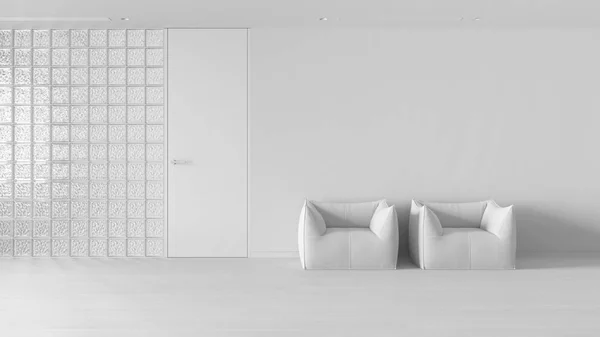 Totale Witte Project Ontwerp Minimale Wachtkamer Met Parketvloer Glazen Bakstenen — Stockfoto