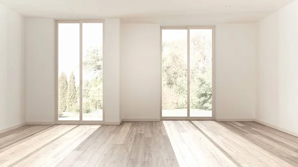 stock image Bleached wooden empty room interior design, open space with parquet floor, panoramic windows, white walls, modern contemporary architecture concept idea