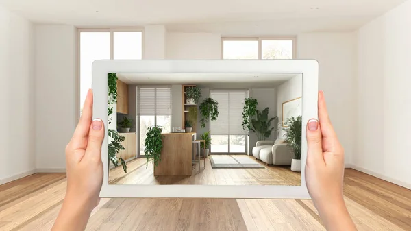 Augmented Reality Konzept Frau Hält Tablet Mit Applikation Der Hand — Stockfoto