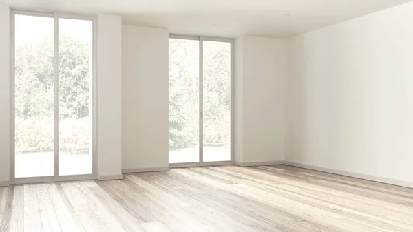 木地板空房间室内设计 带木地板的开放空间 全景窗 白色墙壁 现代建筑理念 — 图库照片
