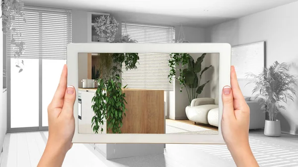 Augmented Reality Concept Vrouw Handen Vasthouden Tablet Met Toepassing Gebruikt — Stockfoto