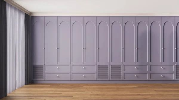 stock image Interior walk-in closet, simple classic style in purple tones. Empty room design, wardrobe background with parquet wooden floor