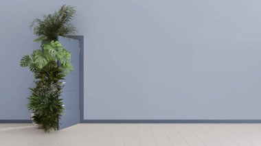 Evin iç kısımlarında mavi duvarları ve parkesi olan açık kapılar ardında yüzen ev bitkileri. Kopyalama alanı ile şablon. Bitkilere karşı sevgi. Biyofili kavramı