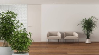 Zen iç döşeme, saksı bambu bitkisi, doğal iç dizayn konsepti, parke ile minimum bekleme odası. Cam tuğla duvarlar, mimari konsept.