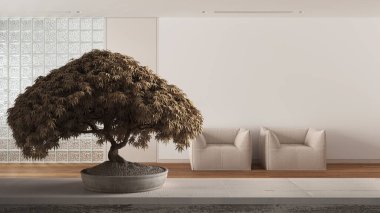 Saksı çiçekli, bej yapraklı, çiçekli klasik ahşap masa rafı parke ile minimum bekleme odasının üzerinde. Cam tuğla duvarlar, iç tasarım.