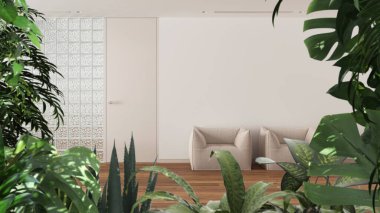 Orman iskeleti, biyofilik fikir. Tropikal yapraklar, çimen tuğlalı duvarlı, en az beyaz oturma odasının üzerinde. Kentsel orman iç tasarımı. Biyofili kavramı