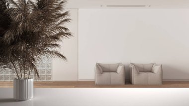 Beyaz masa üstünde ya da rafta pipetler, kuru bitkiler, süs, kulaklar, çarşaf, vazo dalı, oturma odasında cam tuğla duvar, modern iç tasarım