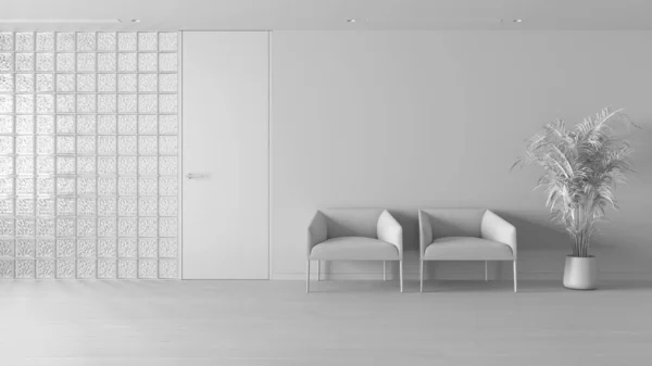 整个白色工程草案 最小的等待客厅与餐点 玻璃砖墙 软扶手椅 盆栽植物和门 现代室内设计理念 — 图库照片