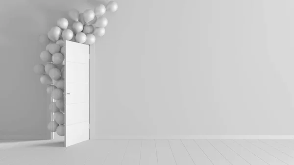 Total White Project Draft Balloons Floating Open Door Home Interior — Stock Photo, Image