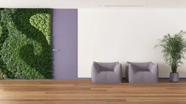 Minimal Waiting Room Parquet White Purple Tones Вертикальный Сад Горшечная — стоковое фото