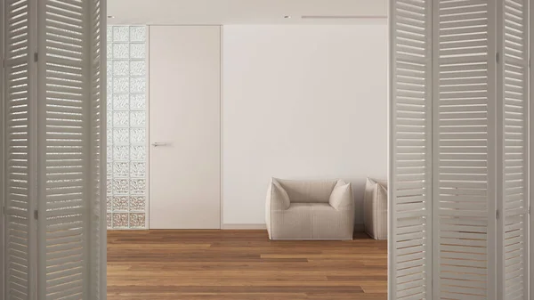 草レンガの壁 明るい寄木細工の床 モダンなインテリアデザイン 建築家のデザイナーコンセプトと最小限の待合室で白い折りたたみドアの開口部 — ストック写真