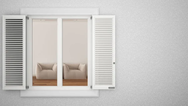 Panjurlu Beyaz Pencereli Dış Alçı Duvar Minimal Beyaz Oturma Odasını — Stok fotoğraf