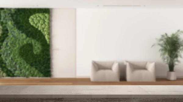 木制老式餐桌顶部或搁架的特写 禅定的气氛 最低限度的客厅与垂直花园 白色建筑室内设计 — 图库照片