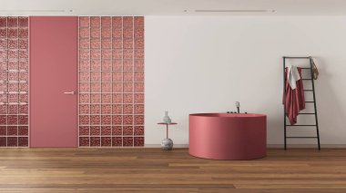 Yuvarlak küvetli, beyaz ve kırmızı tonlarda dekore edilmiş minimum banyo. Cam tuğla duvarlar, merdiven havlu askısı ve parke. Kopya alanı ile modern iç tasarım fikri